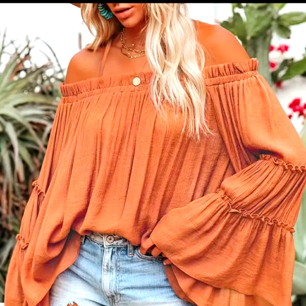 SOLD Orange spaghetti strap bare shoulder blouse w/ bell sleeves. - Picture 3 of 6